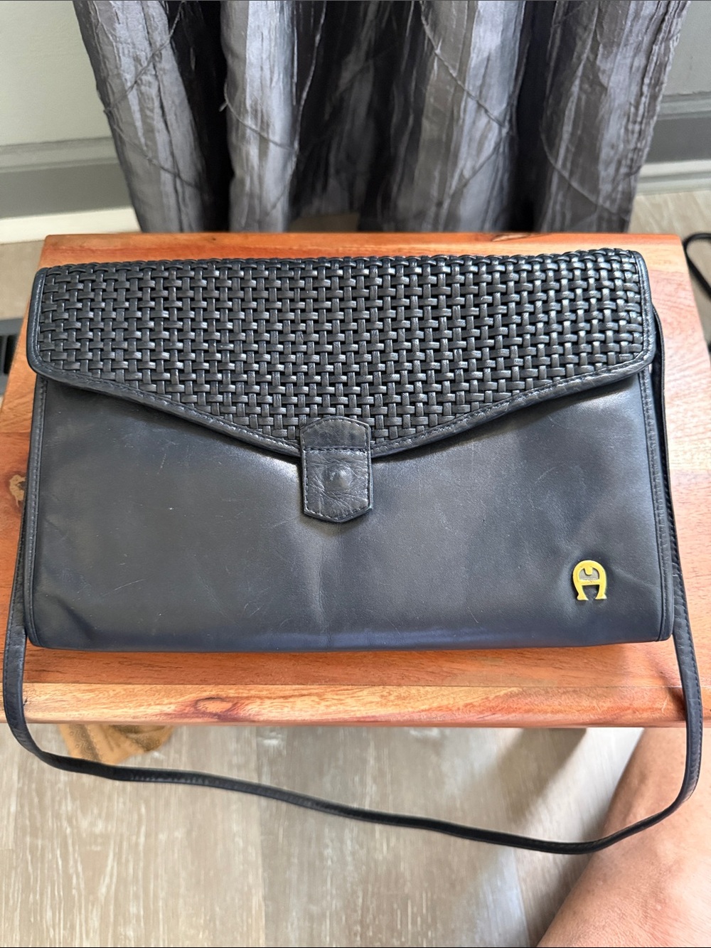 Vintage Etienne Aigner Black Woven Flap Messenger Bag with Gold Logo